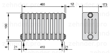 Схема (чертеж) Радиатор Zehnder Charleston 5019/10 №5310 Белый глянцевый RAL 9016